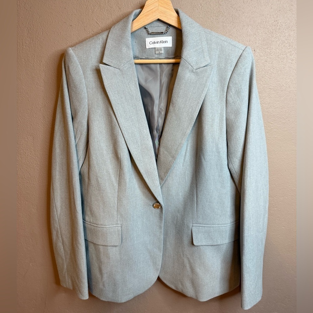 Calvin Klein Women's Soft Gray One Button Notch Lapels Structured Blazer Sz 12 - Picture 2 of 16